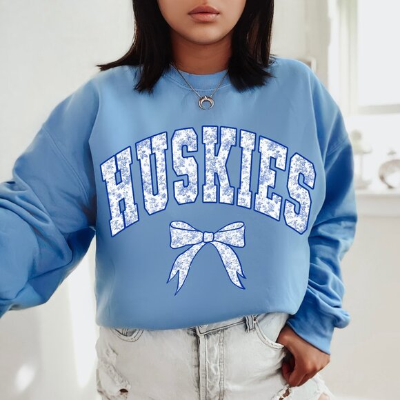 Custom College Merch Sweatshirt Women Blue Toile Floral Print , ANY COLLEGE Name - Picture 4 of 9